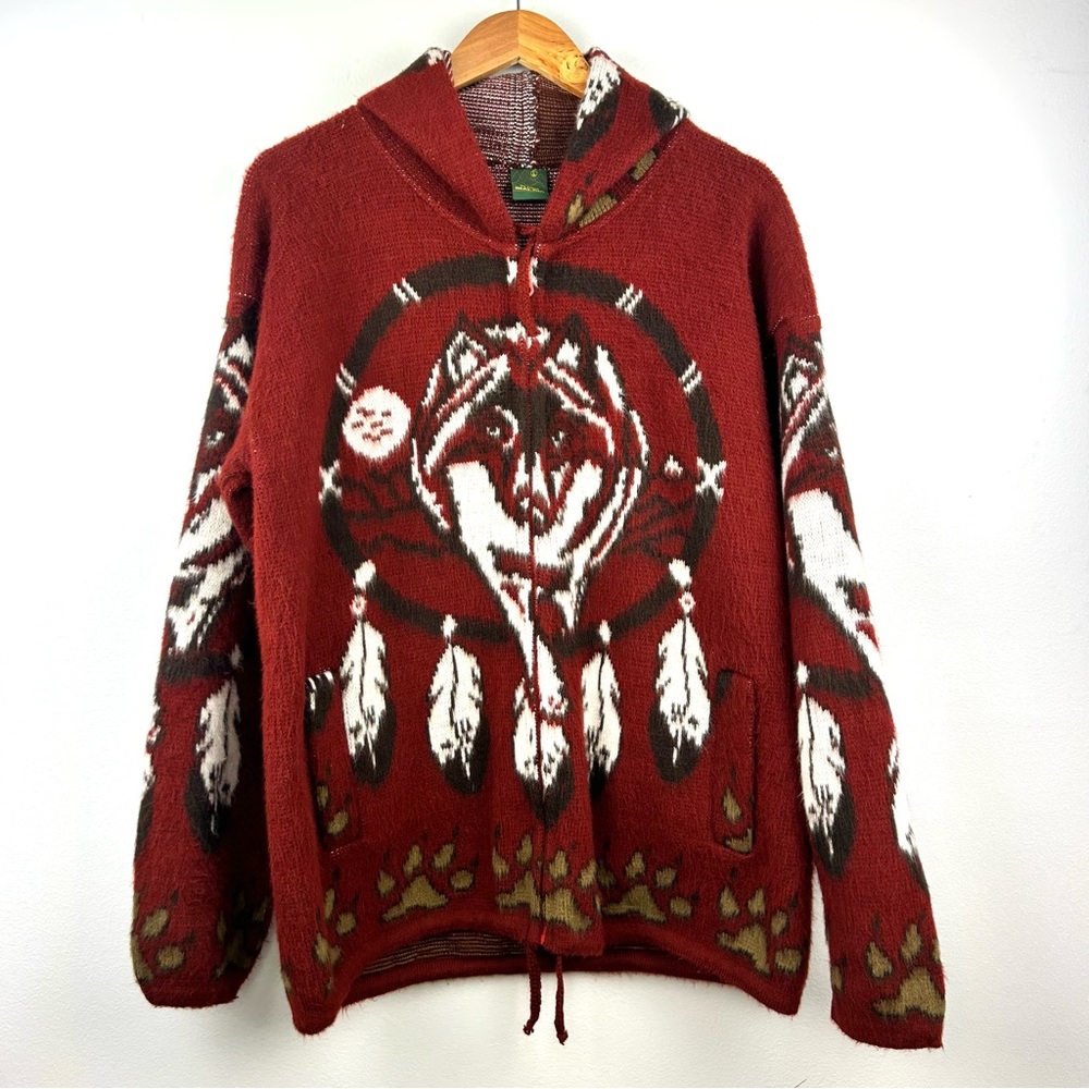 Tejidos Imalaya  wool men’s wolf dream catcher hoodie full zip sweater size L